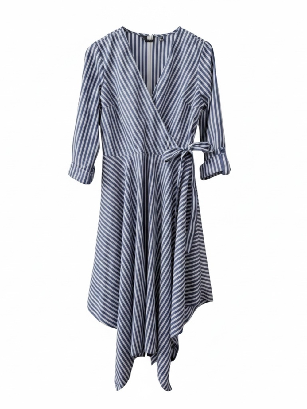 Mlle Gabrielle 
Striped Blue Wrap Dress with Handkerchief Hem